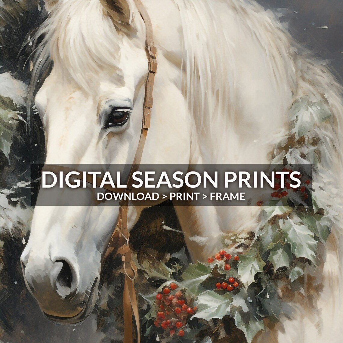 White Christmas Horse Wearing Holly Berry Wreath Winter Poster - Image 6
