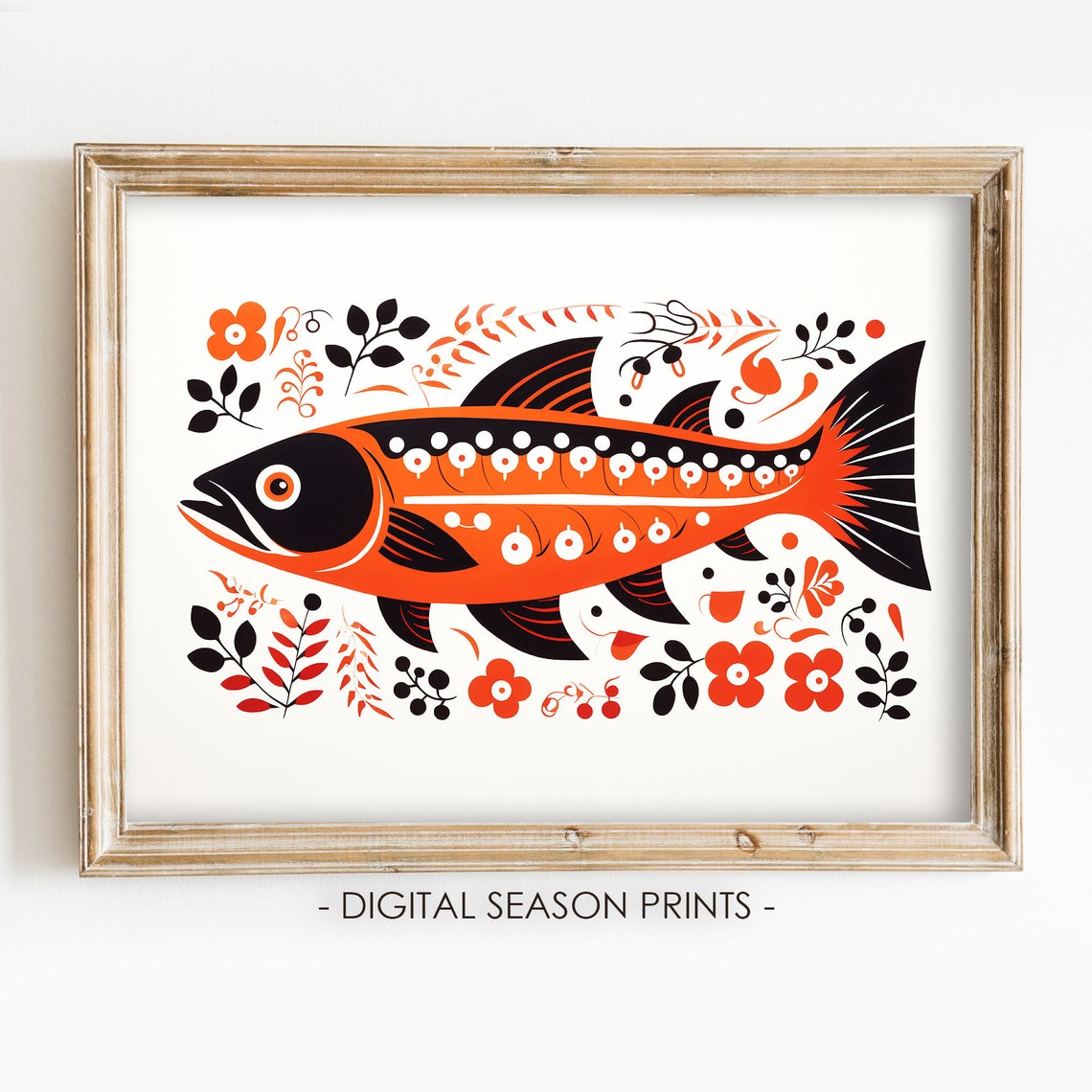 Scandinavian Folk Art Salmon Fish Orange Black Floral Wall Art
