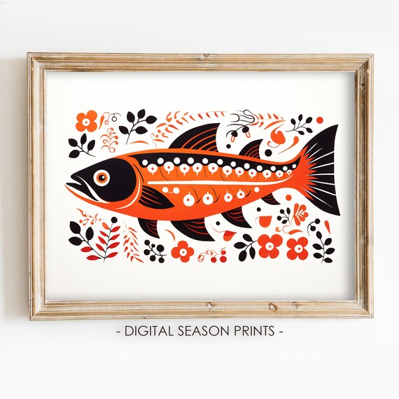 Scandinavian Folk Art Fish Folk Art Print Nordic Salmon Painting Swedish Decor