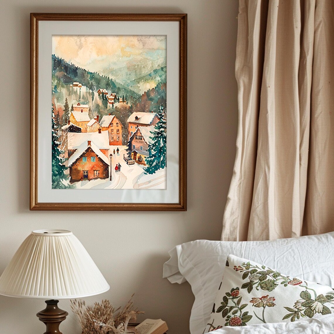 Snowy Christmas Village Watercolor Warm Houses Holiday Wall Art - Image 5