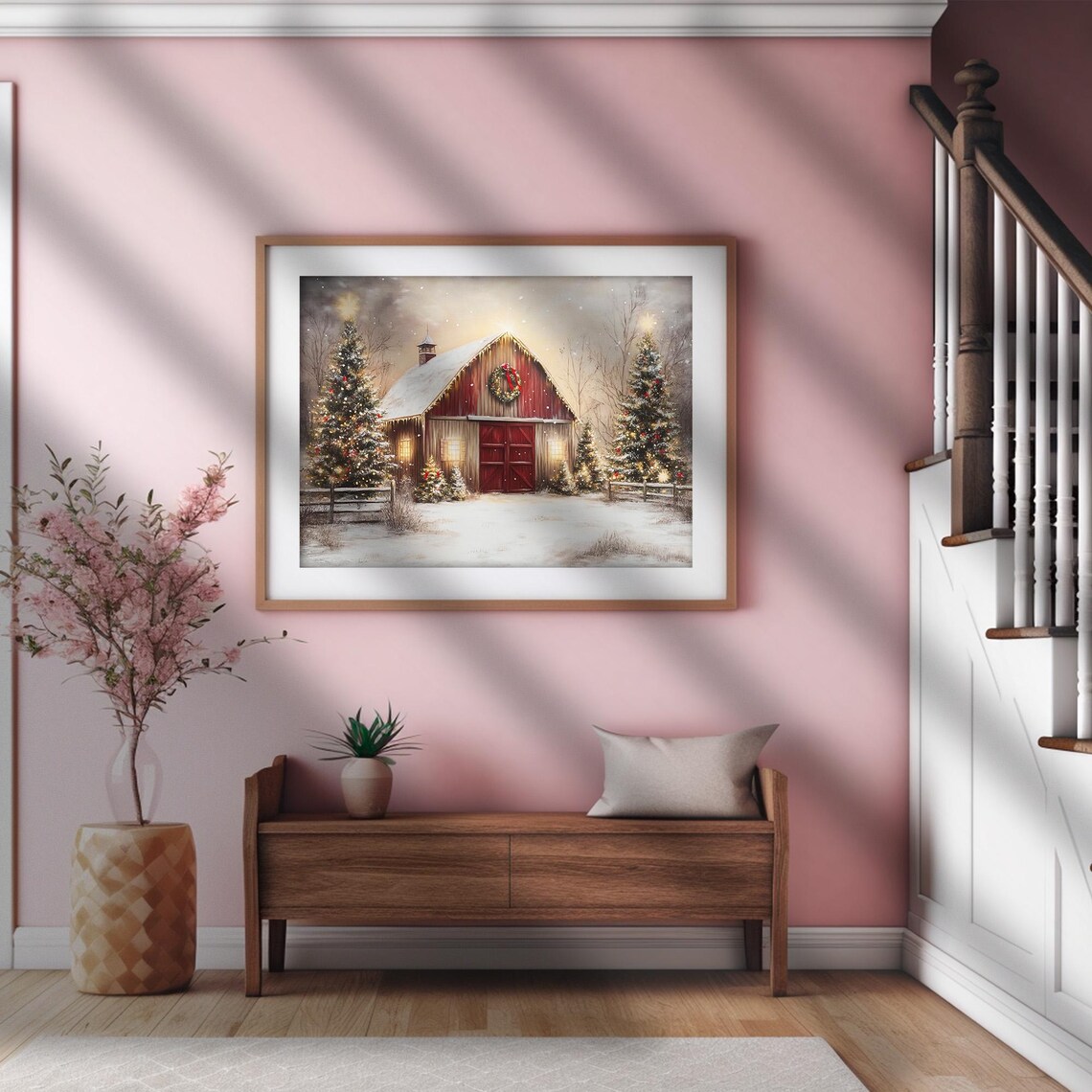 Red Christmas Barn Glowing Trees Snowy Farmhouse Winter Night Poster - Image 2