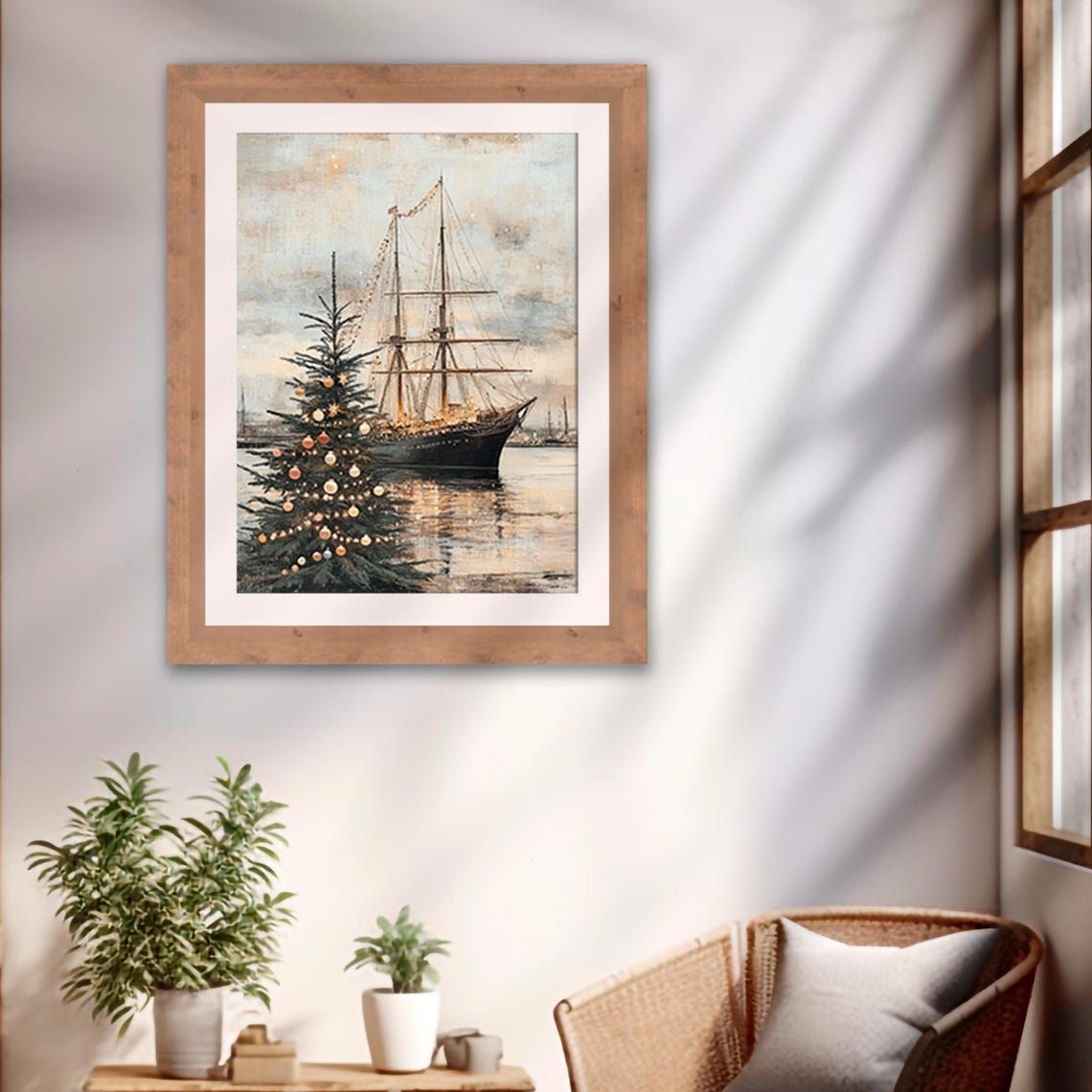 Tall Ship Harbor Christmas Tree Festive Vintage Nautical Art Print - Image 2