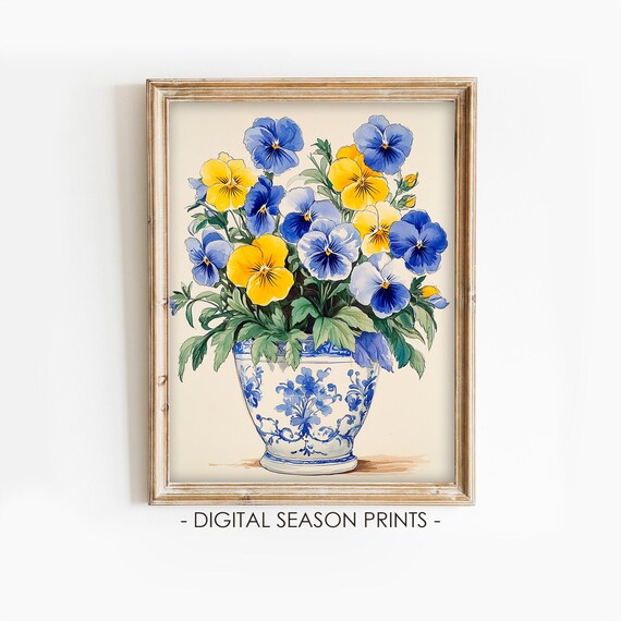 Yellow And Blue Pansies In A Delft Blue Patterned Vase Poster