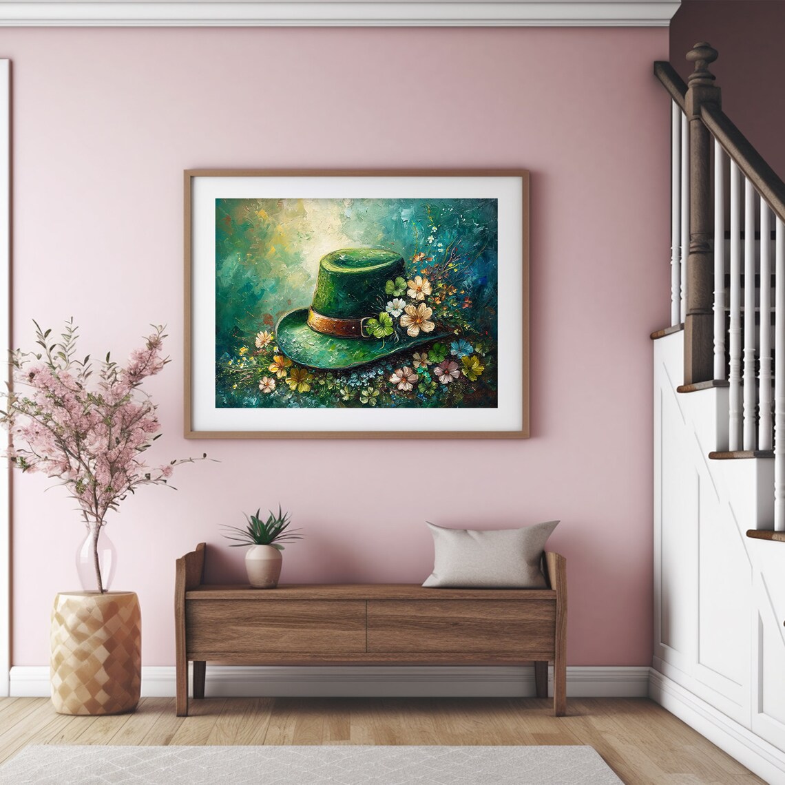 Green Leprechaun Top Hat Shamrock St Patricks Day Oil Painting Print - Image 4