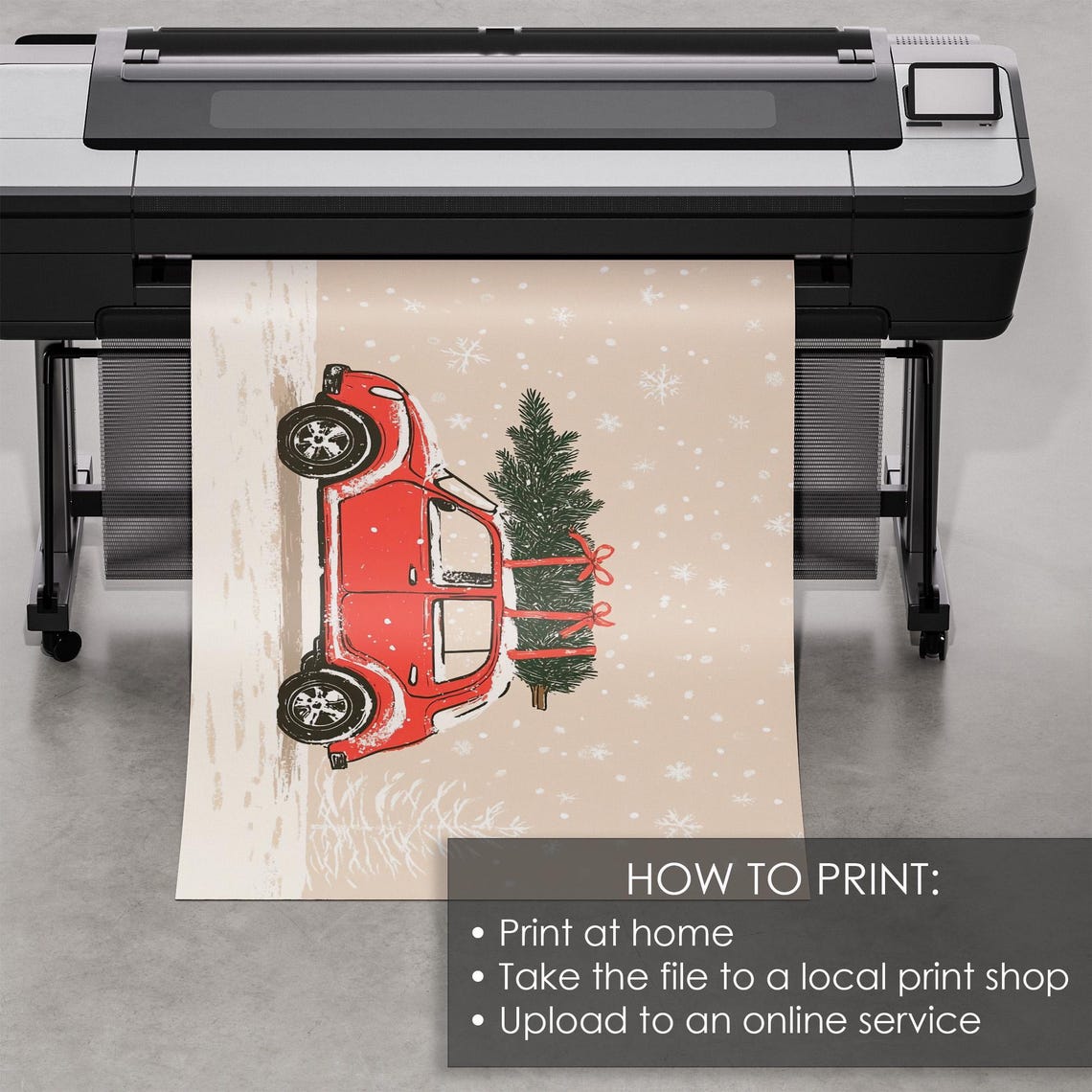 Christmas Tree On Red Car Print Vintage Christmas Decor Cute Christmas Wall Art - Image 5