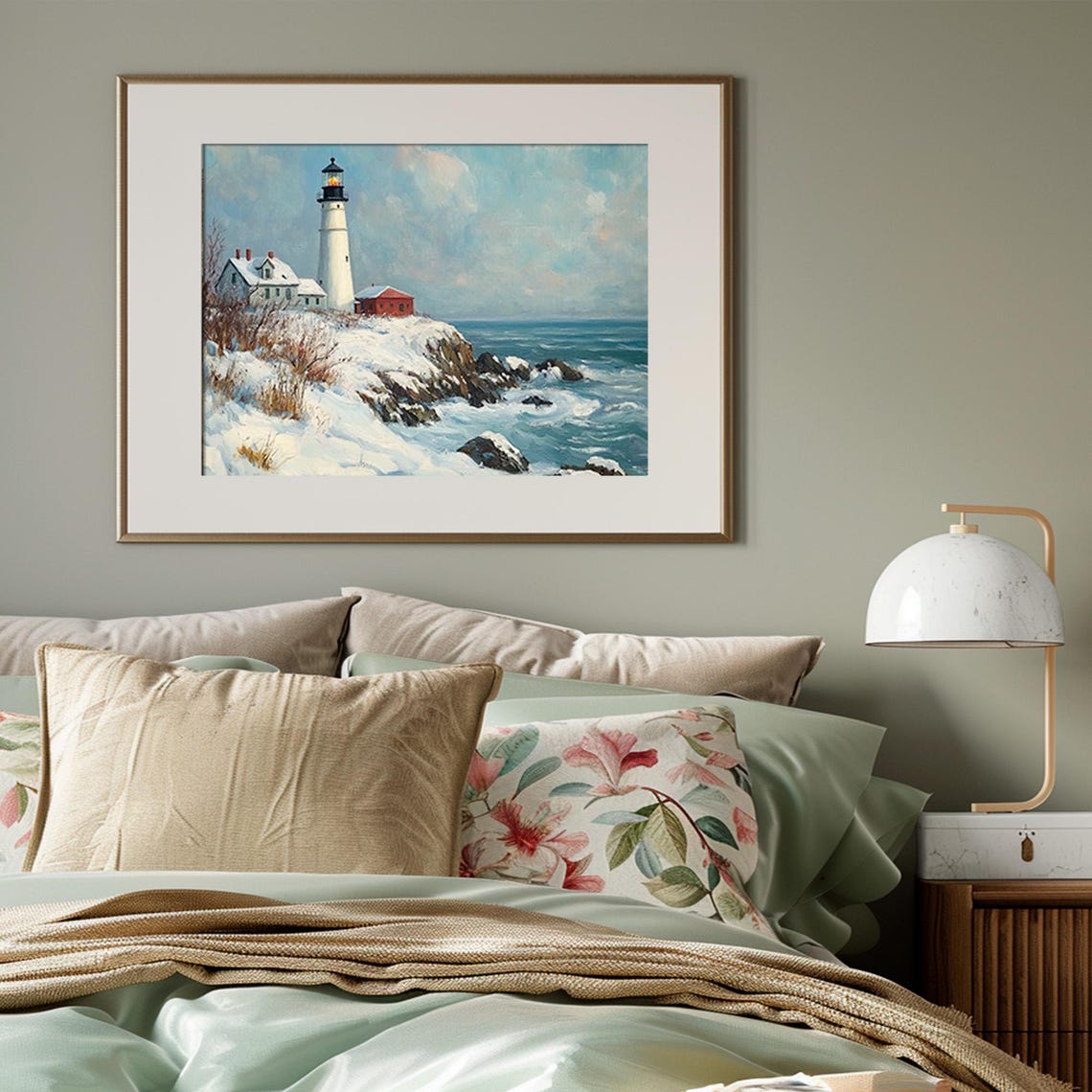 Snowy Winter Lighthouse Rocky Coast Coastal Painting Wall Art - Image 3