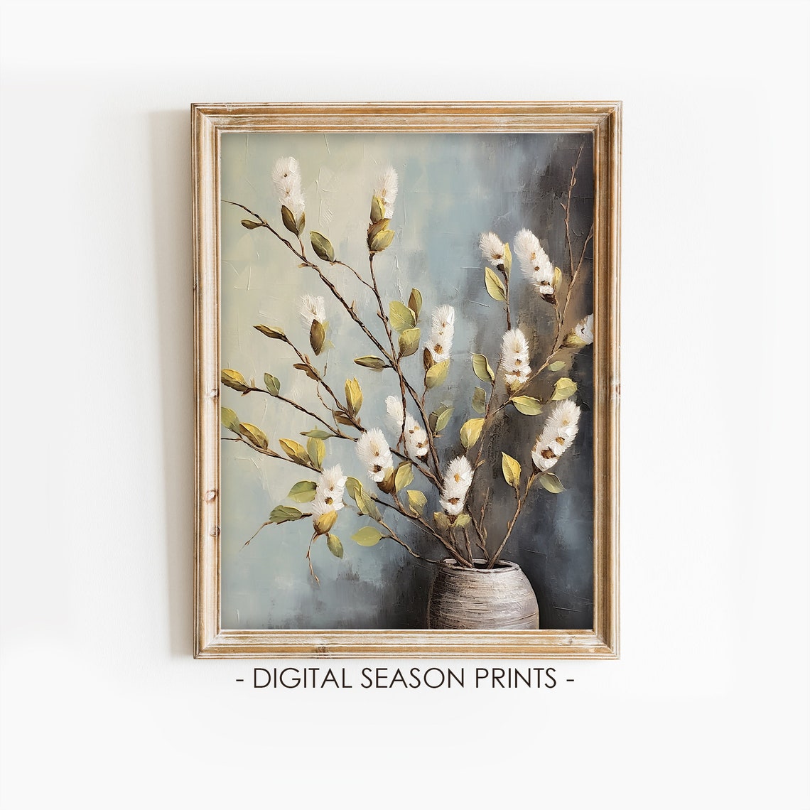 Pussy Willow Branches In Ceramic Vase Vintage Spring Easter Print