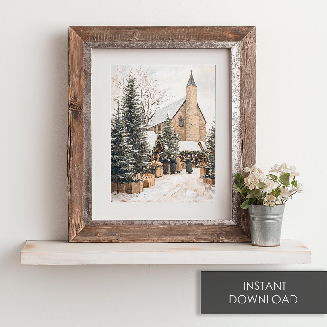 Christmas Market Vintage Christmas Town With Church Print Christmas Village Wall Art Winter Painting - Image 6