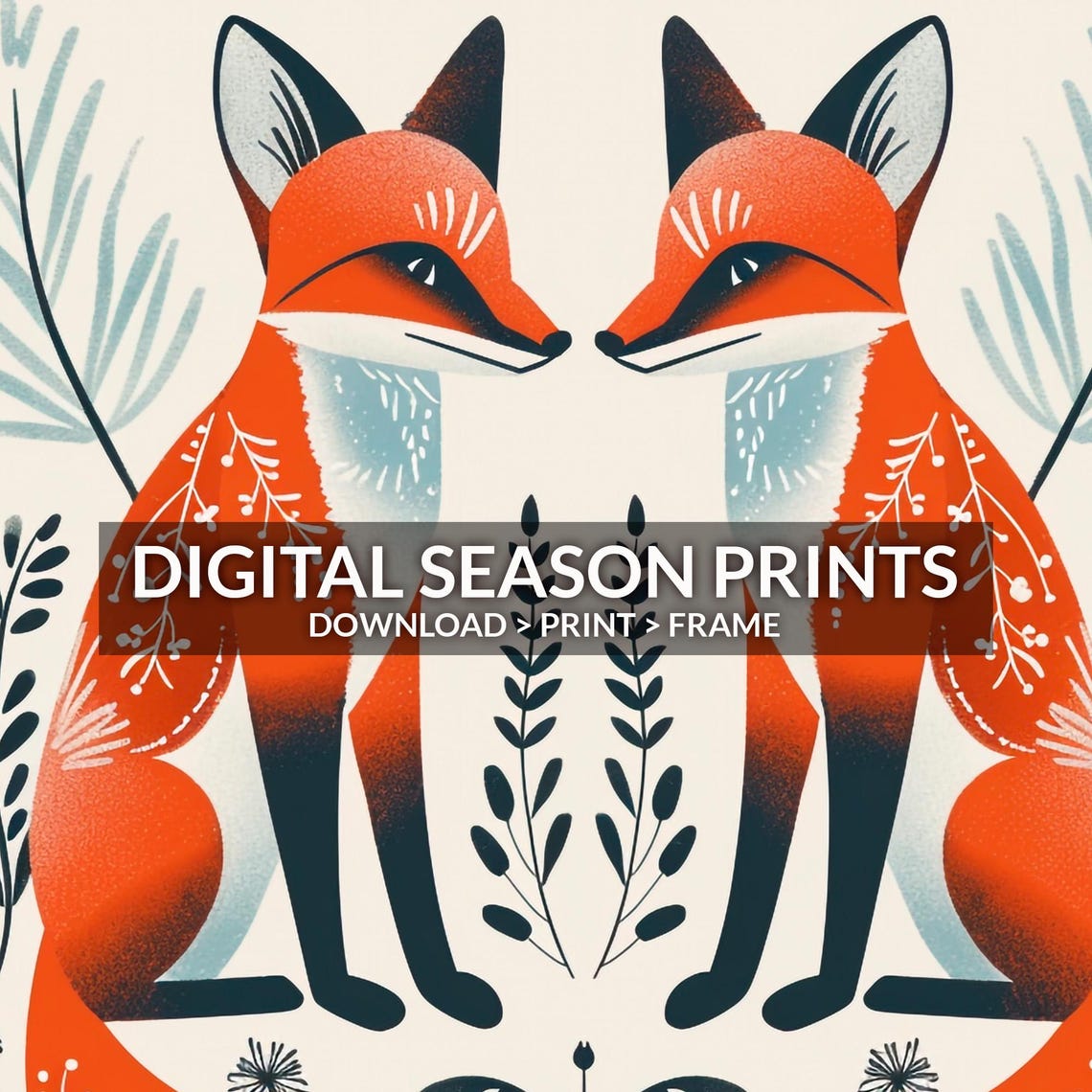 Pair of Mirrored Red Foxes Scandinavian Folk Art Animal Print - Image 4
