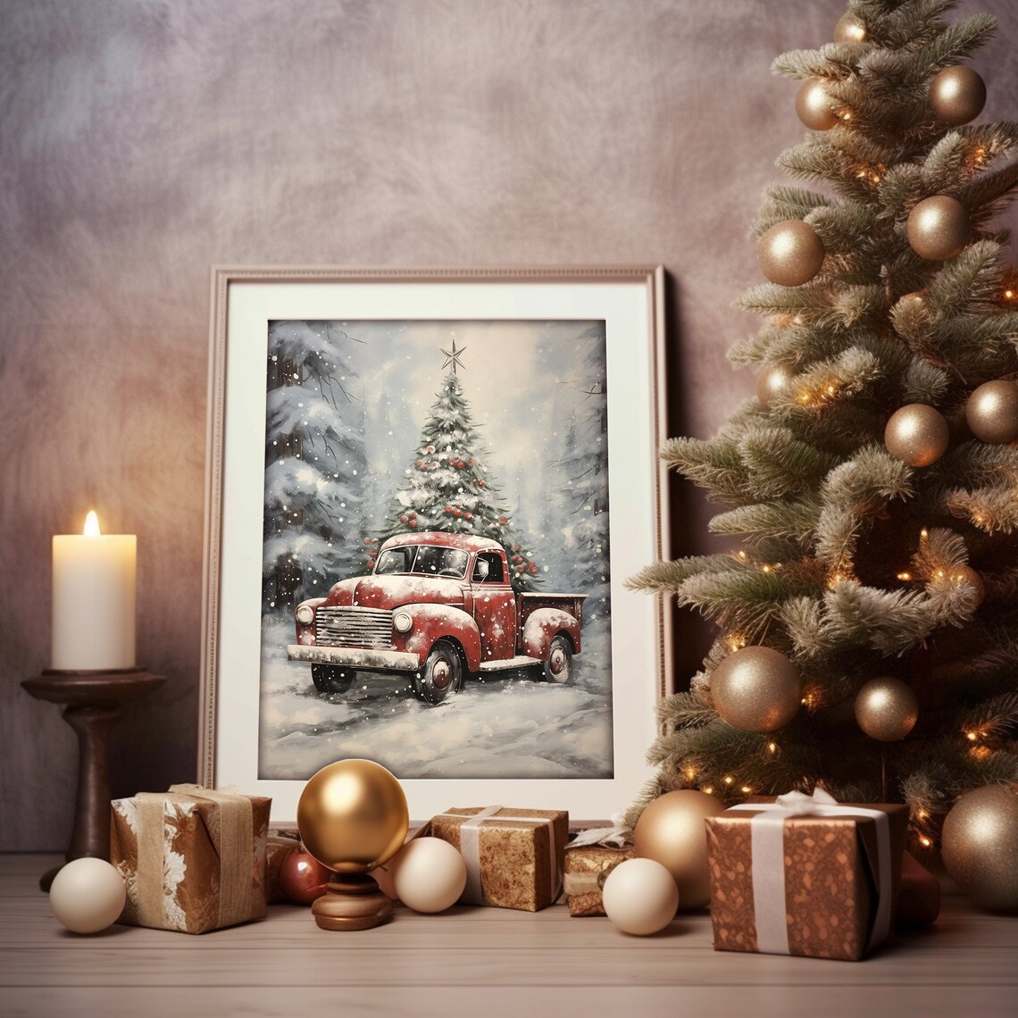 Red Vintage Truck Christmas Tree Snowy Road Retro Holiday Art Print - Image 2