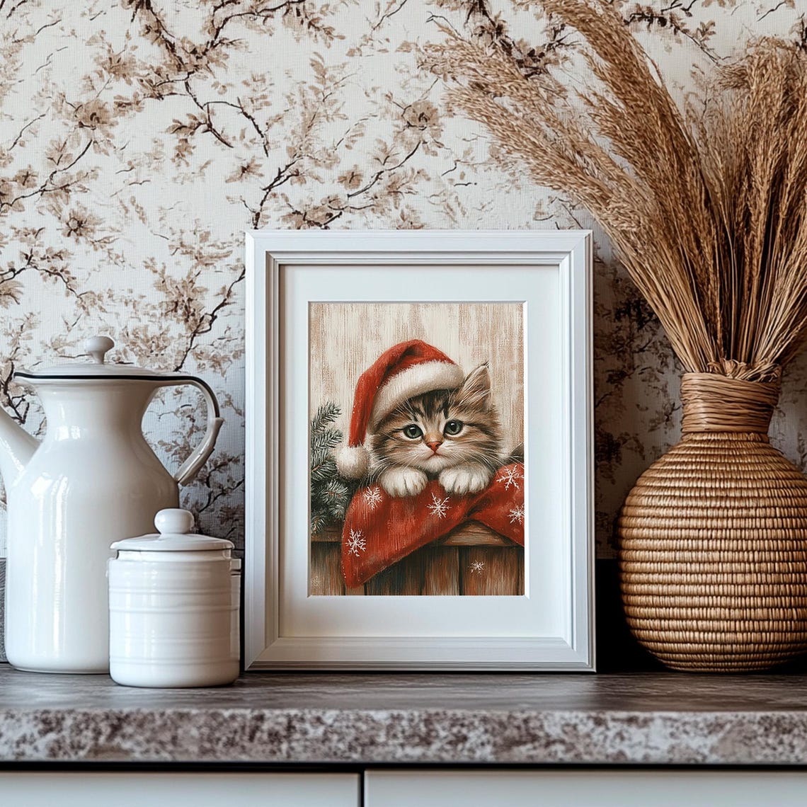 Tabby Kitten in a Santa Hat Peeking Over a Red Stocking Poster - Image 4