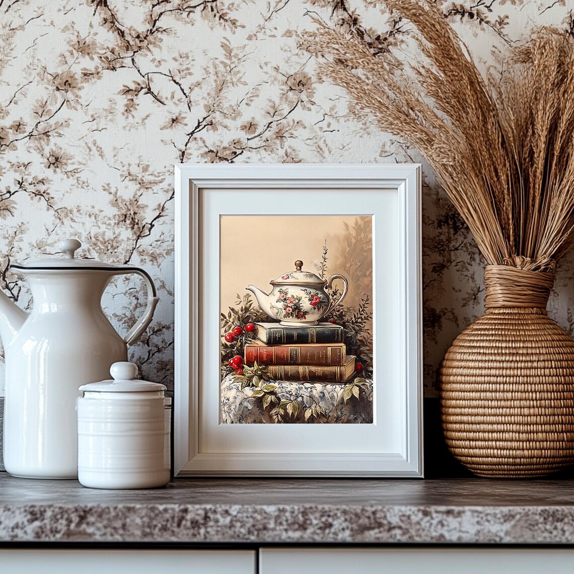 Floral Teapot on Old Books Red Berries Vintage Cozy Autumn Print - Image 4