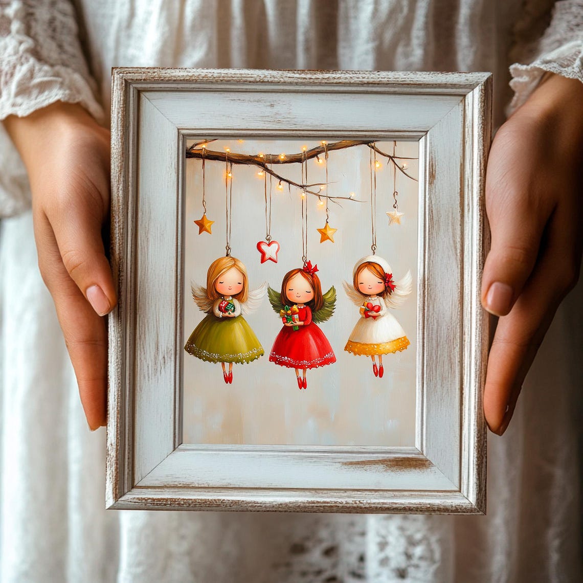 Whimsical Hanging Christmas Angel Ornaments Starry Branch Print - Image 3
