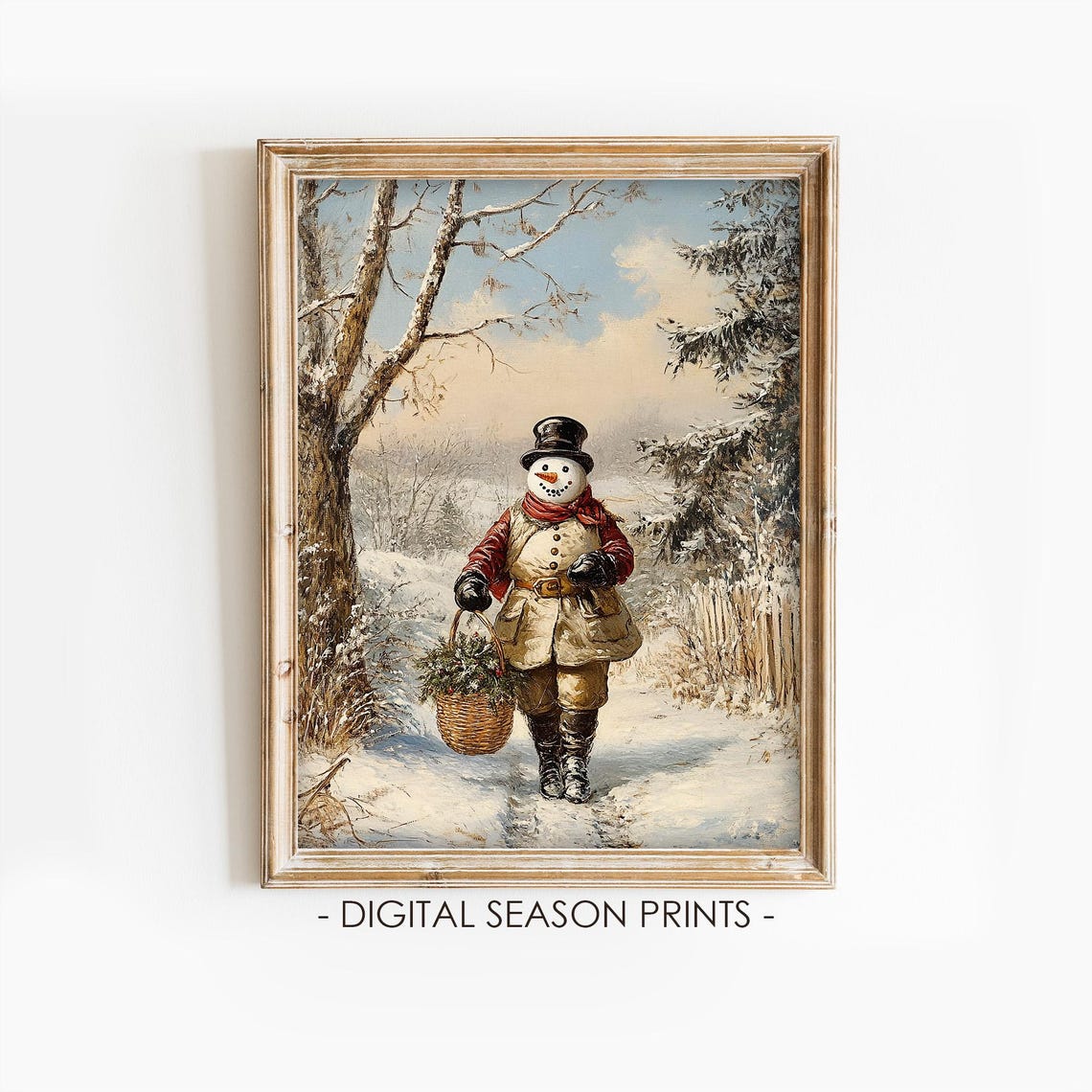 Jolly Snowman In A Top Hat Carrying Greens Along A Snowy Path Poster