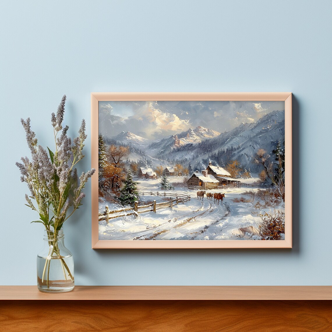 Snowy Mountain Village Cabins Rustic Winter Landscape Painting Poster - Image 4