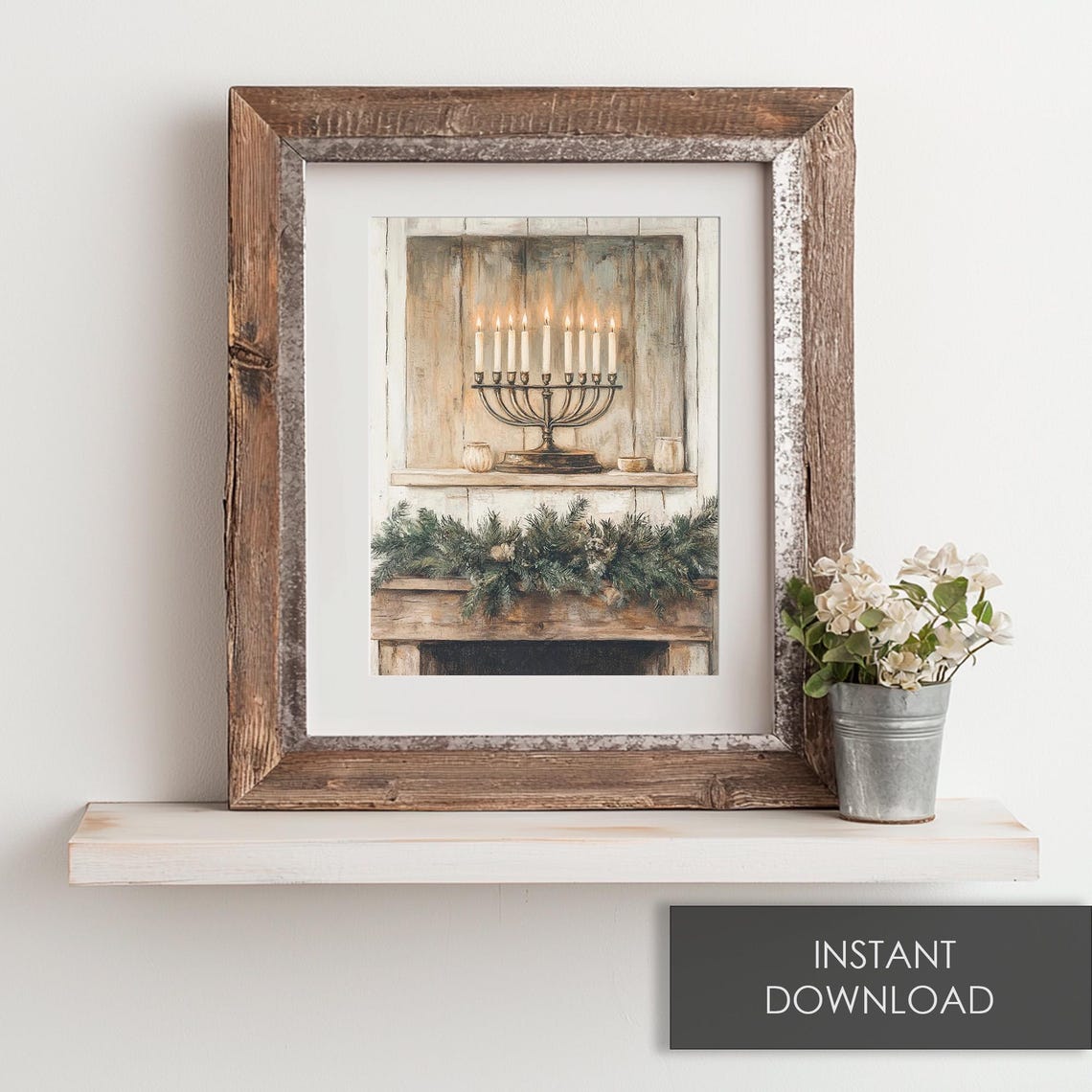 Hanukkah Menorah With Nine Lit Candles On A Rustic Mantel Poster - Image 6