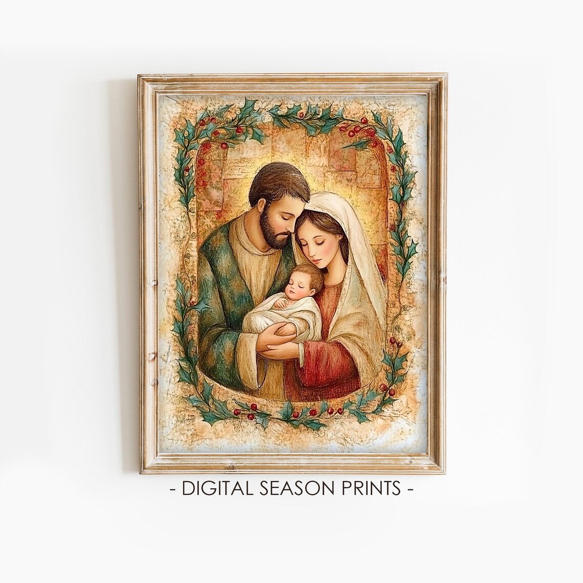Holy Family Nativity Mary Joseph Baby Jesus Holly Christmas Art Print