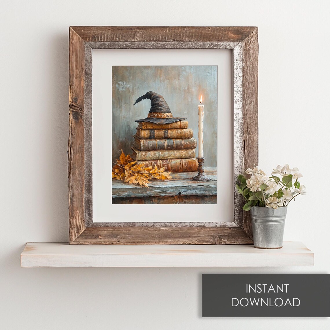Witch Hat Spell Books Stack Candle Autumn Leaves Vintage Halloween Poster - Image 6
