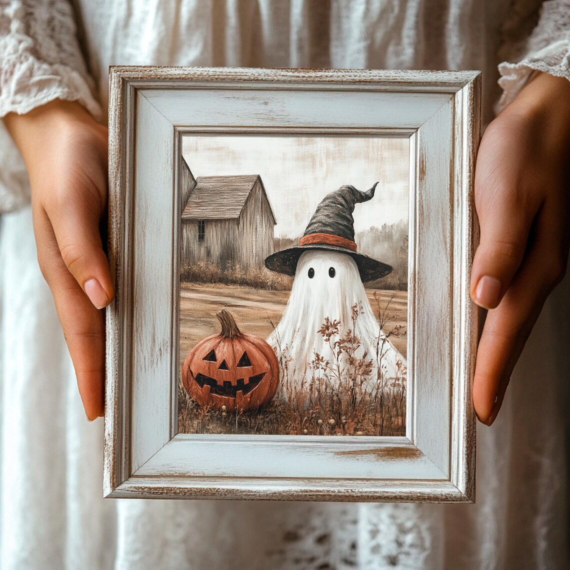 Ghosts Vintage Halloween Art Print, Rustic Pumpkin - Image 3