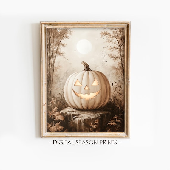 Glowing White Jack O Lantern Pumpkin Moonlit Sepia Forest Halloween Poster