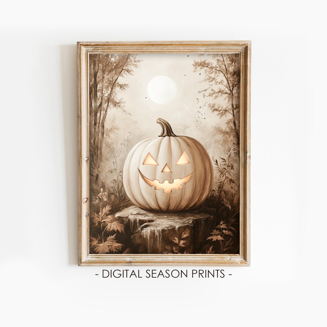 Glowing White Jack O Lantern Pumpkin Moonlit Sepia Forest Halloween Poster