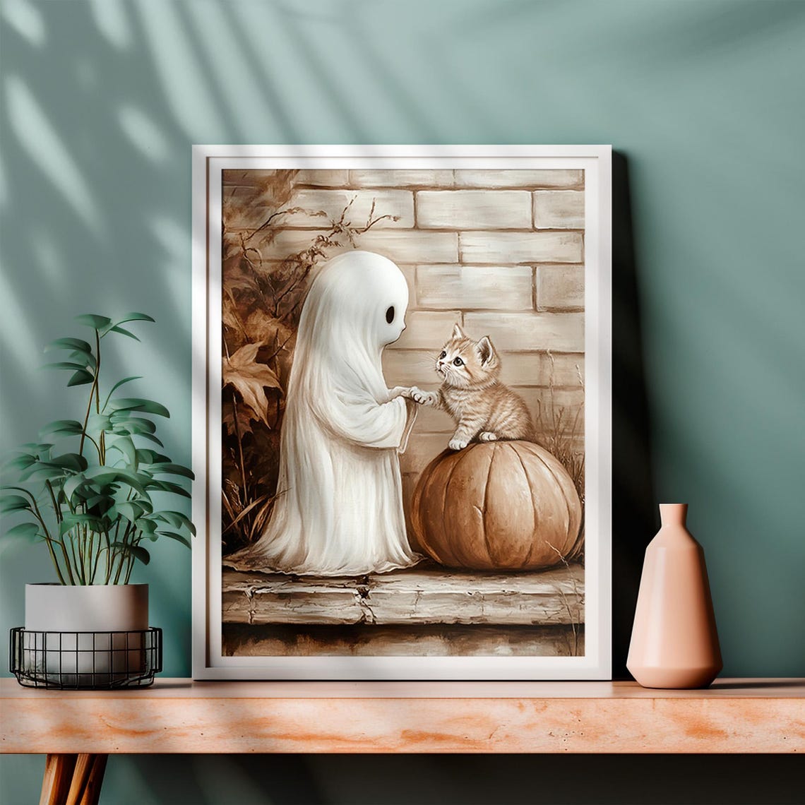 Sweet Ghost Kitten Pumpkin Sepia Vintage Halloween Cat Lover Poster - Image 4