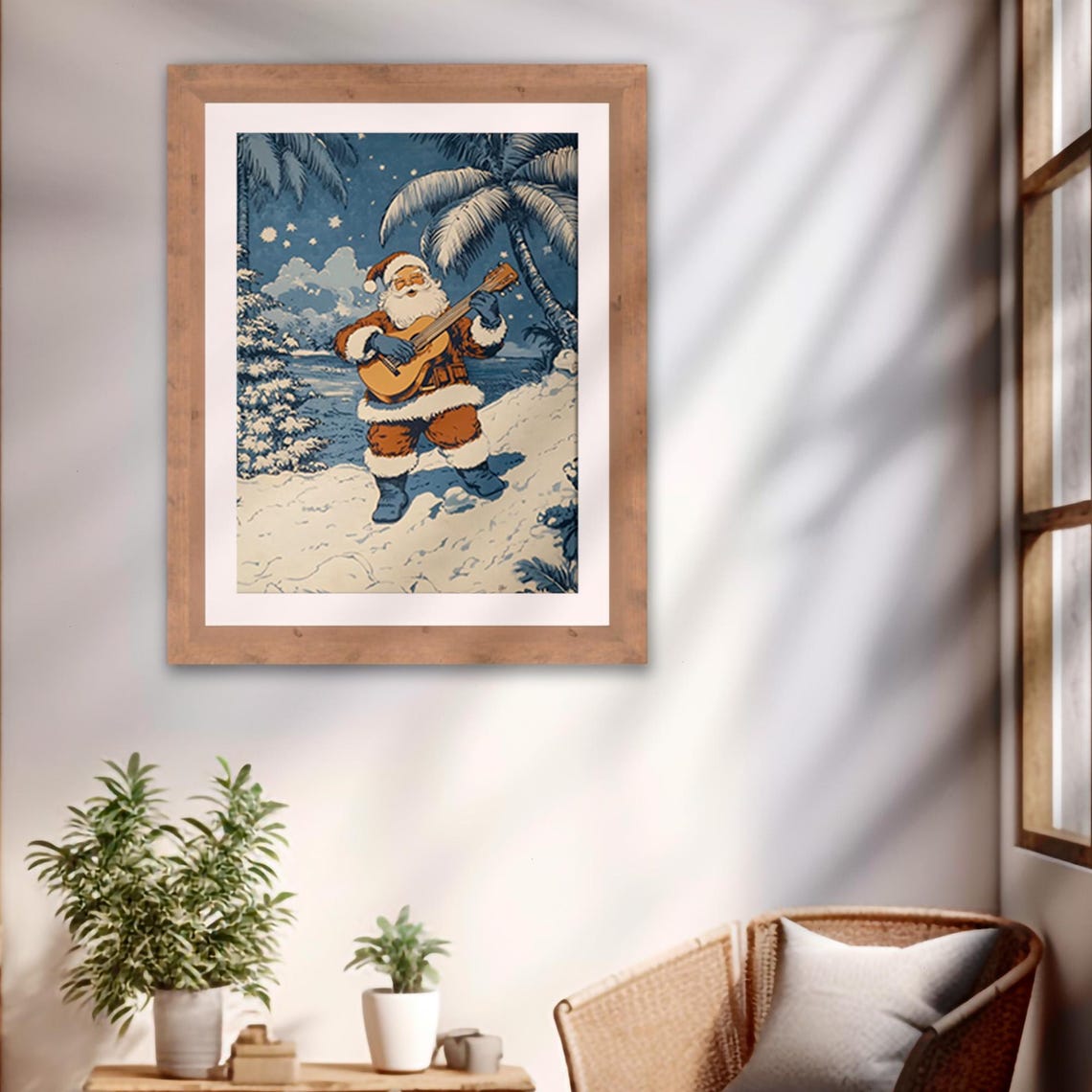 Santa Claus Playing Guitar Under Palm Trees Tropical Night Poster - Image 2