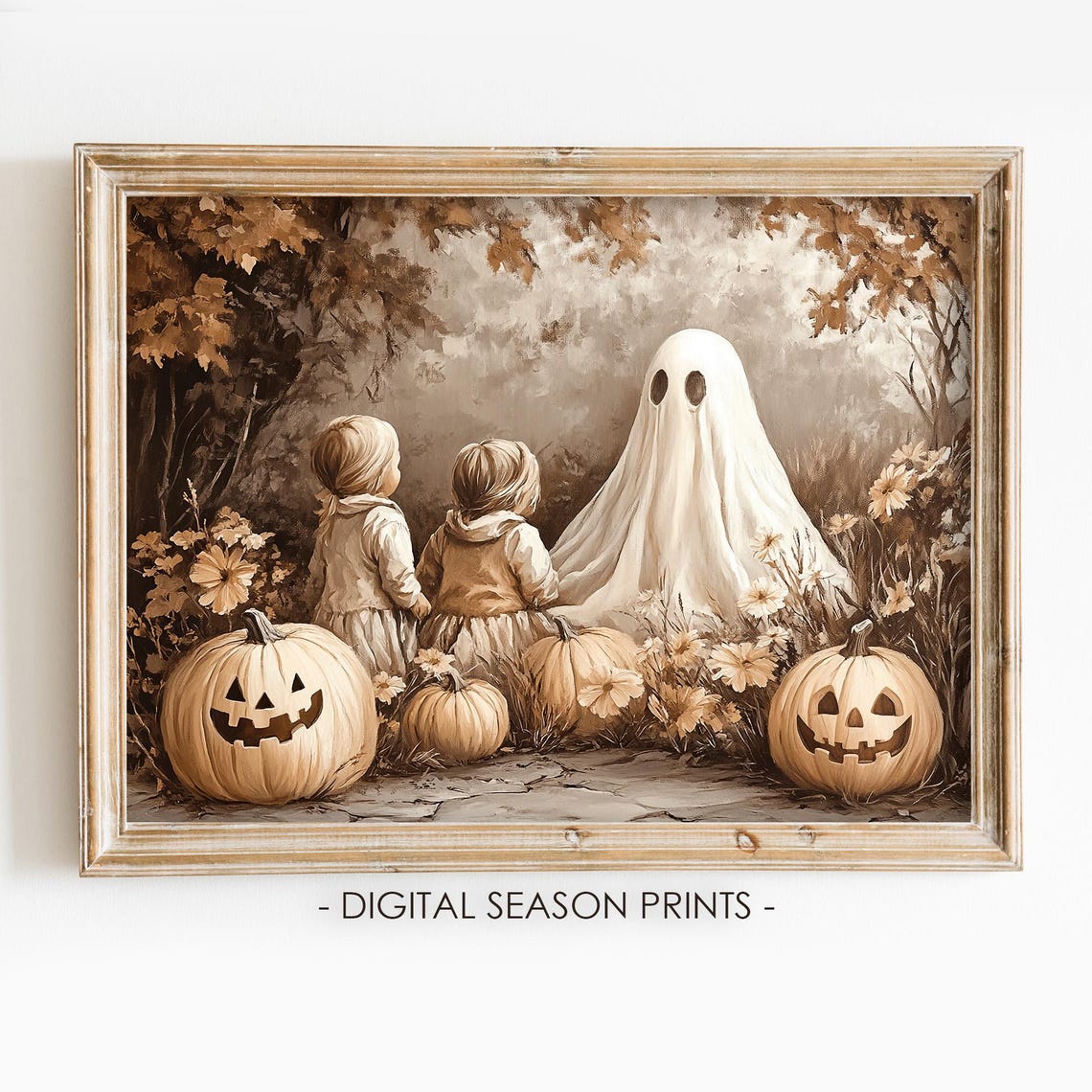 Kids Meet Friendly Ghost Sepia Pumpkin Patch Halloween Night Poster