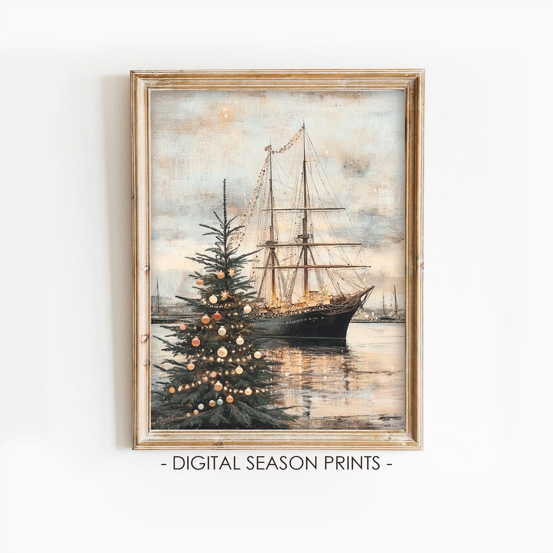 Tall Ship Harbor Christmas Tree Festive Vintage Nautical Art Print