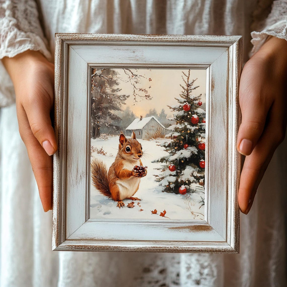 Vintage Christmas Squirrel Holding Pinecone Snowy Forest Scene Poster - Image 3