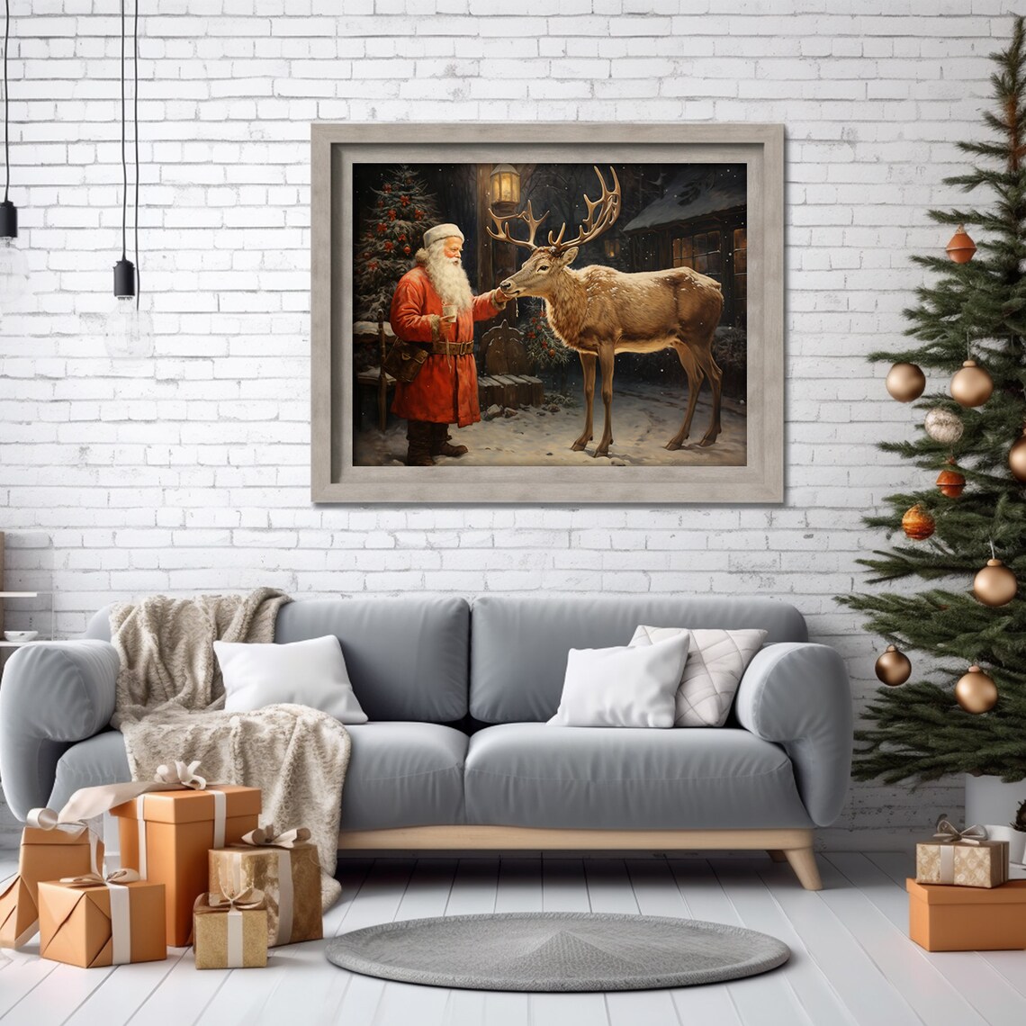 Santa Claus Feeding A Reindeer On A Snowy Night Scene Poster - Image 2