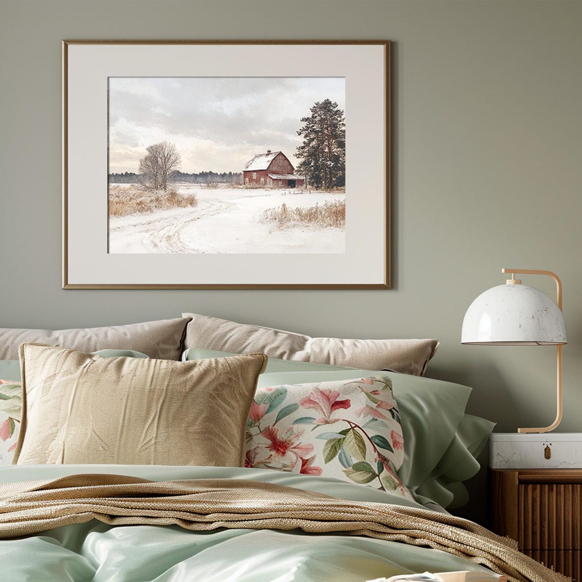 Red Barn in Snowy Winter Field Country Landscape Vintage Poster - Image 3
