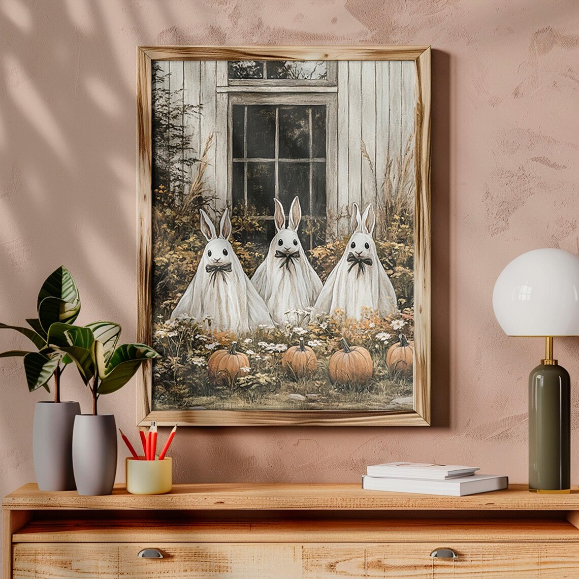 Ghost Sheet Rabbits Pumpkin Patch Vintage Halloween Bunny Costume Poster - Image 5