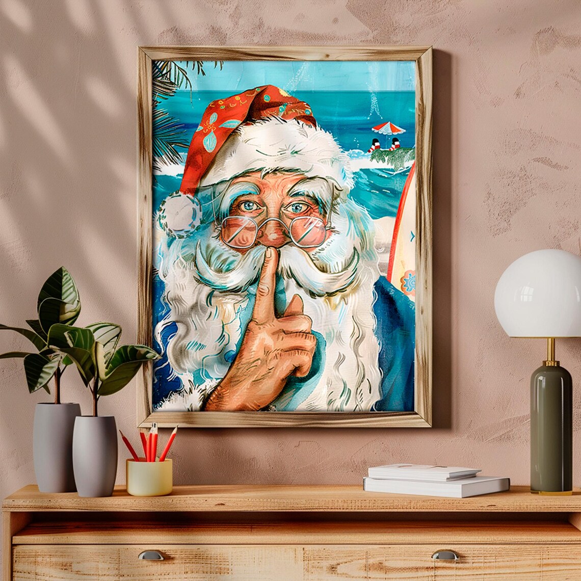 Tropical Beach Santa Claus Finger to Lips Fun Christmas Poster - Image 6
