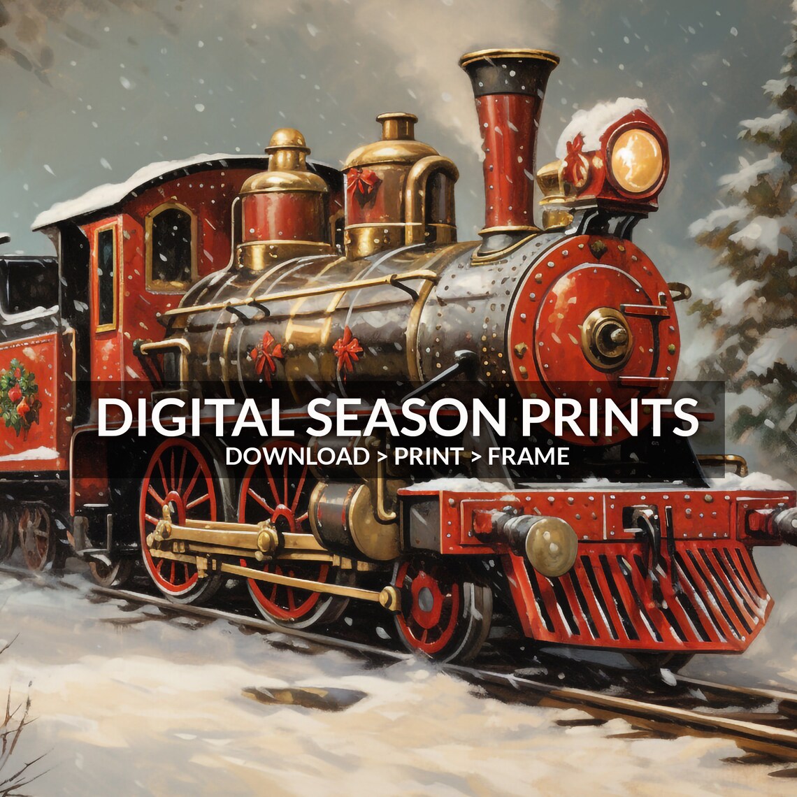 Red Vintage Steam Train with Wreaths Snowy Christmas Painting Poster - Image 6