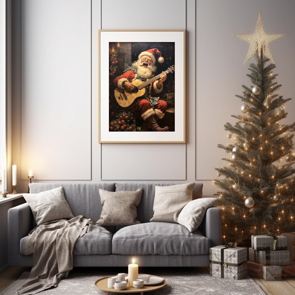Santa Claus Playing Guitar Laughing Holly Christmas Music Print - Image 5