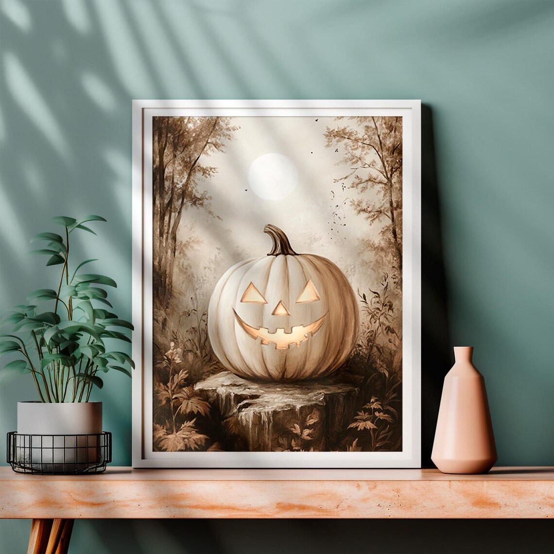 Glowing White Jack O Lantern Pumpkin Moonlit Sepia Forest Halloween Poster - Image 4