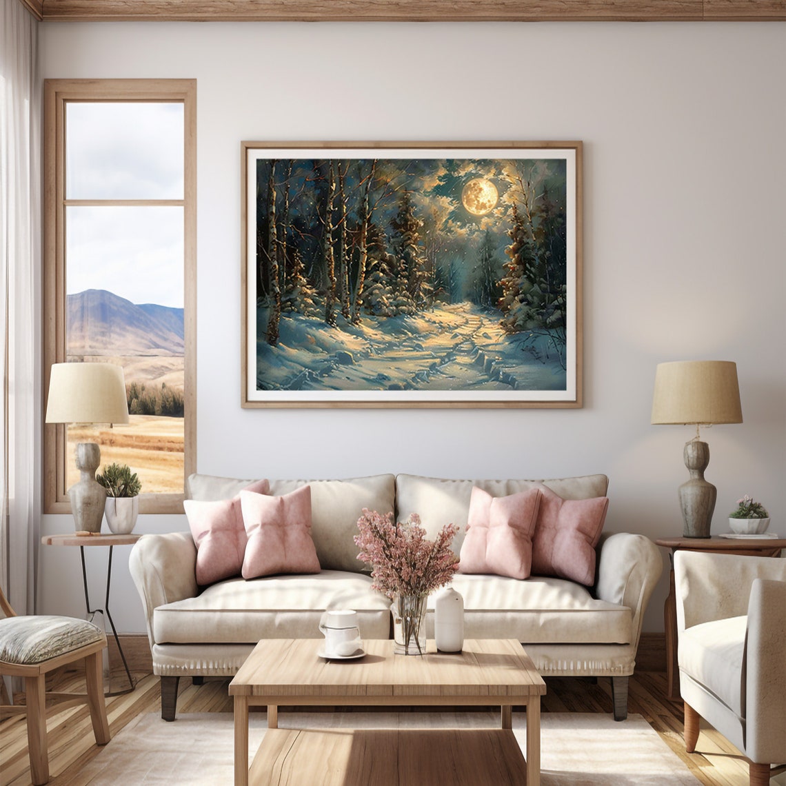 Glowing Full Moon Over A Snowy Winter Forest Trail Scene Poster - Image 3