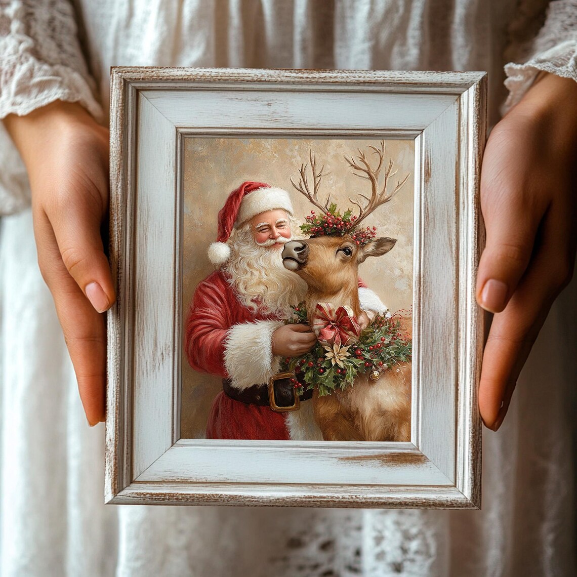Vintage Santa Claus With Reindeer Wearing Christmas Wreath Poster - Image 3