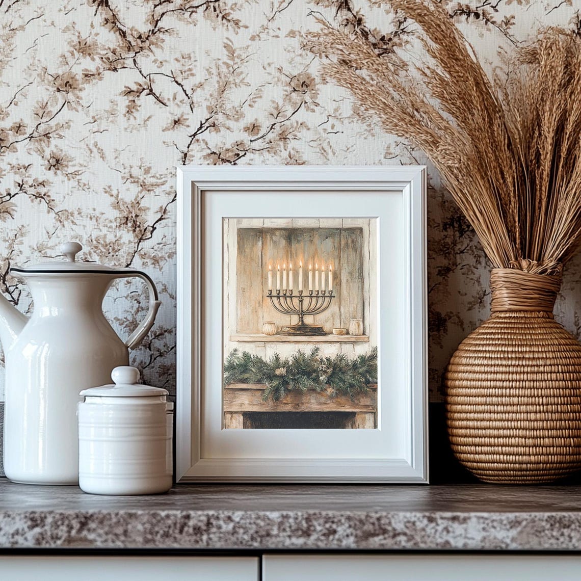 Hanukkah Menorah With Nine Lit Candles On A Rustic Mantel Poster - Image 4