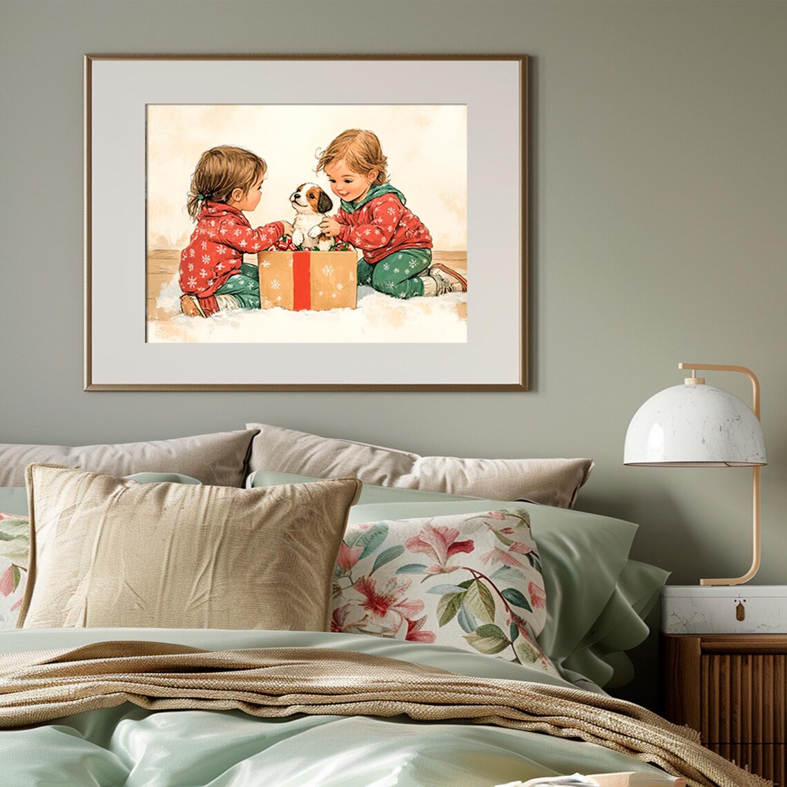 Christmas Morning Children with Puppy in Gift Box Vintage Poster - Image 3