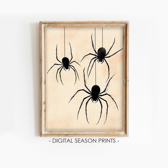 Three Black Spiders Webs Vintage Halloween Gothic Minimal Art Poster