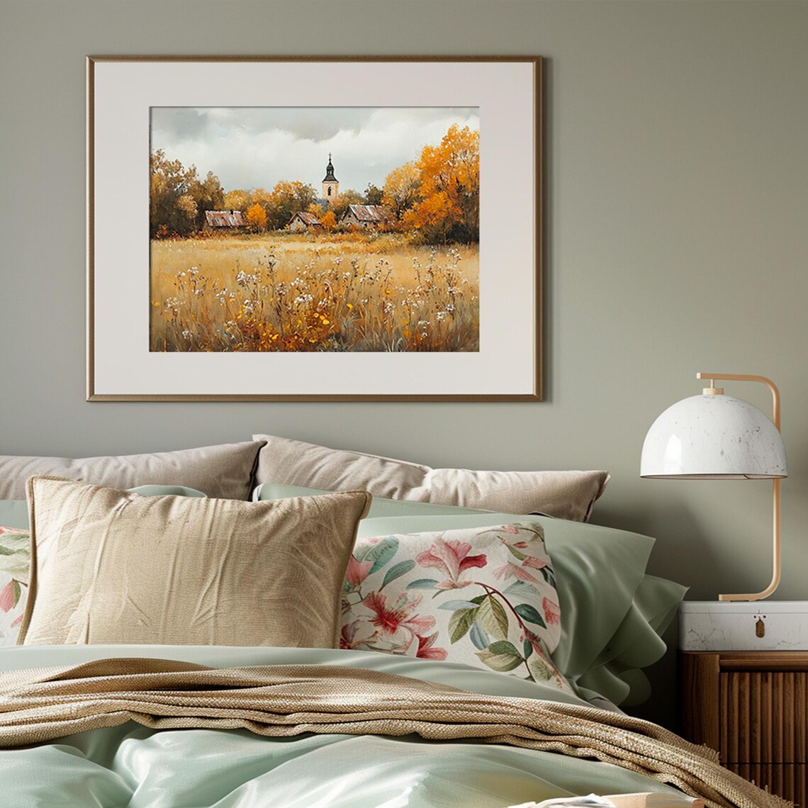 Old Village Church Steeple Among Autumn Trees Wildflower Meadow Poster - Image 3