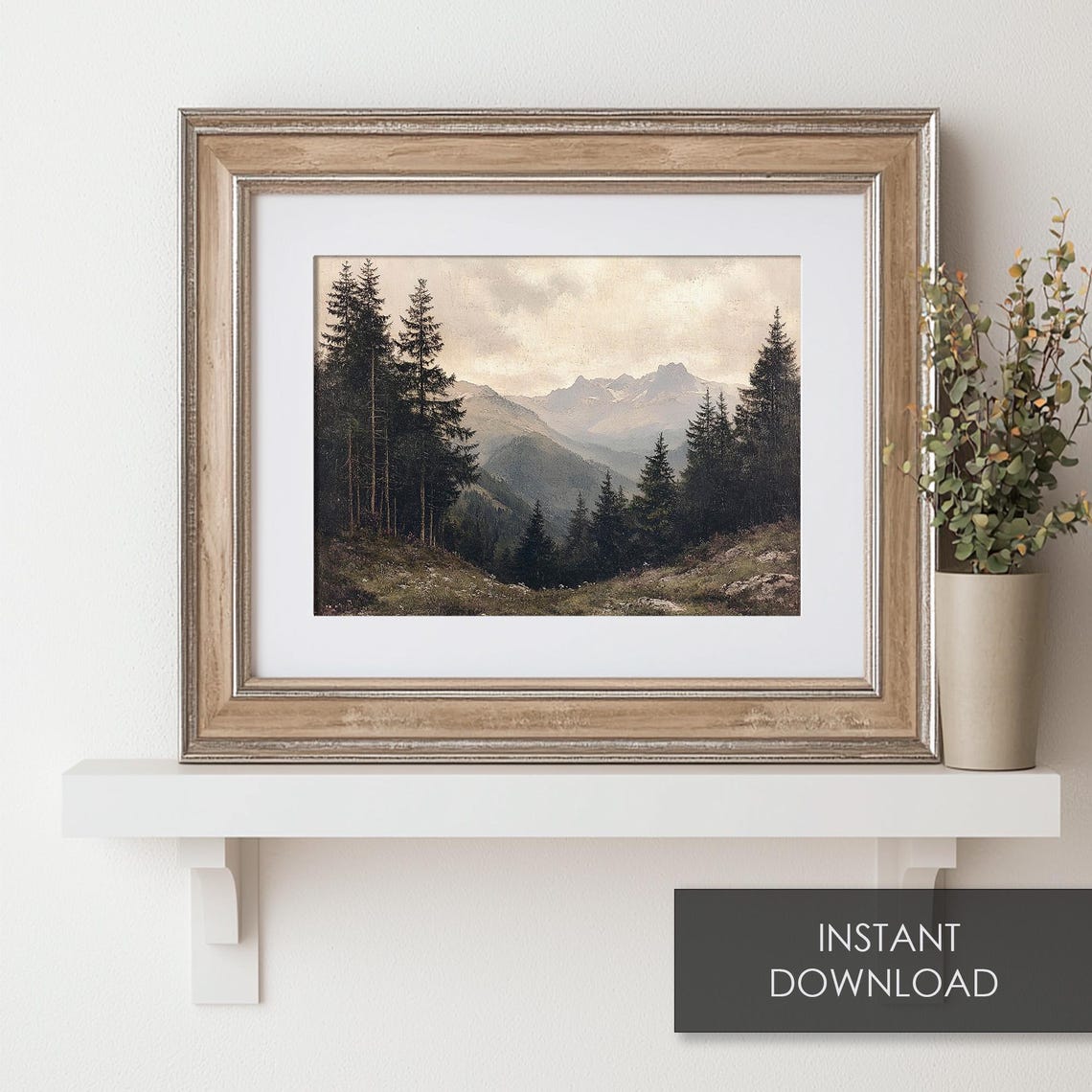 Misty Vintage Mountain Valley Pine Forest Landscape Art Poster - Image 6