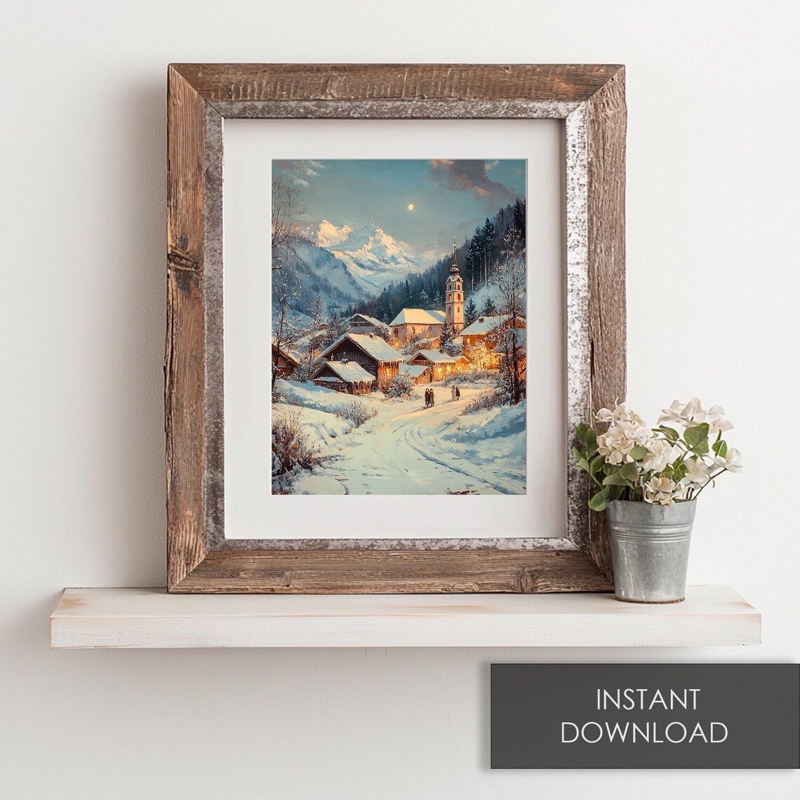 Silent Night Snowy Mountain Village With Church Under Moon Poster - Image 6