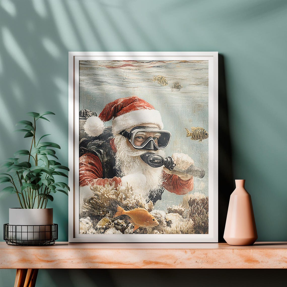 Santa Claus Scuba Diving Snorkel Underwater Tropical Christmas Print - Image 4