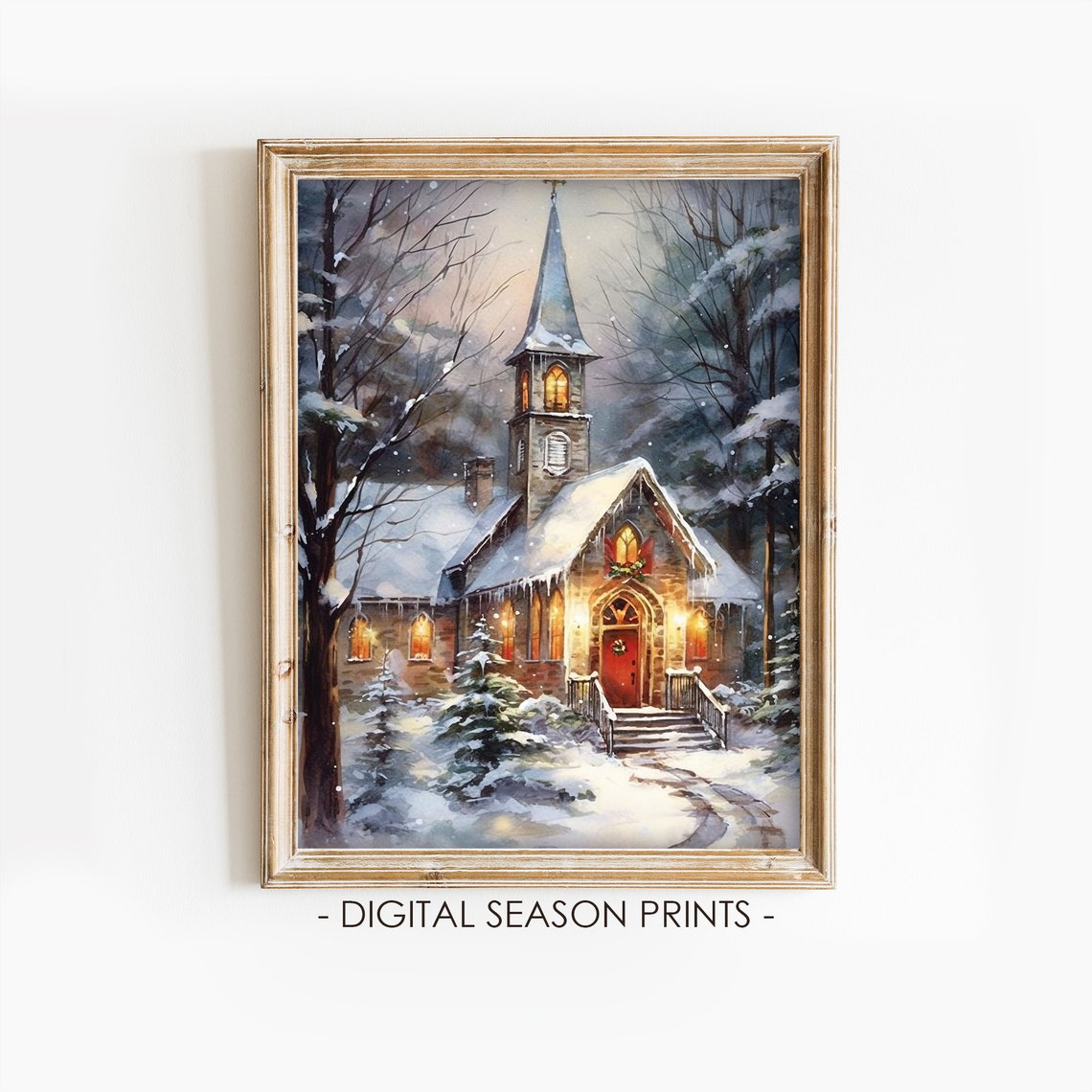 Snow Covered Chapel Glowing At Night In A Winter Forest Poster