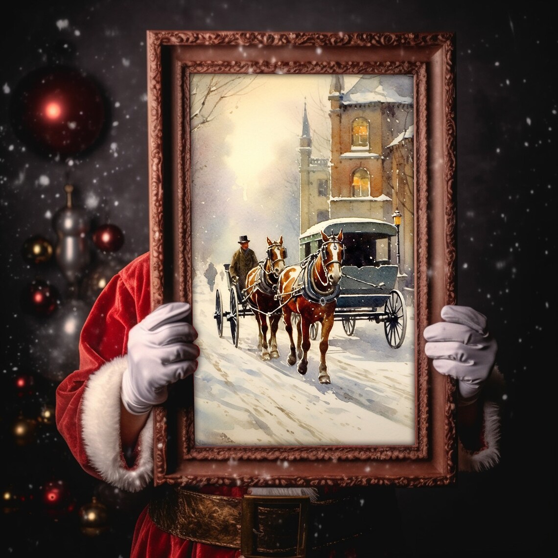 Horse Drawn Carriage Snowy Victorian Street Watercolor Wall Art - Image 5