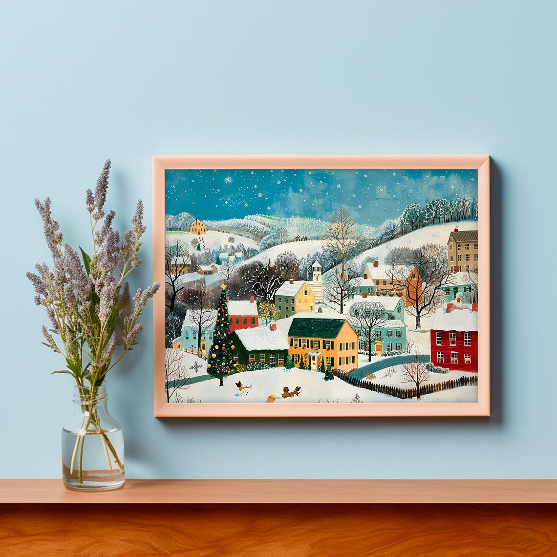 Colorful Folk Art Village Night Christmas Tree Snowy Naive Art Print - Image 4