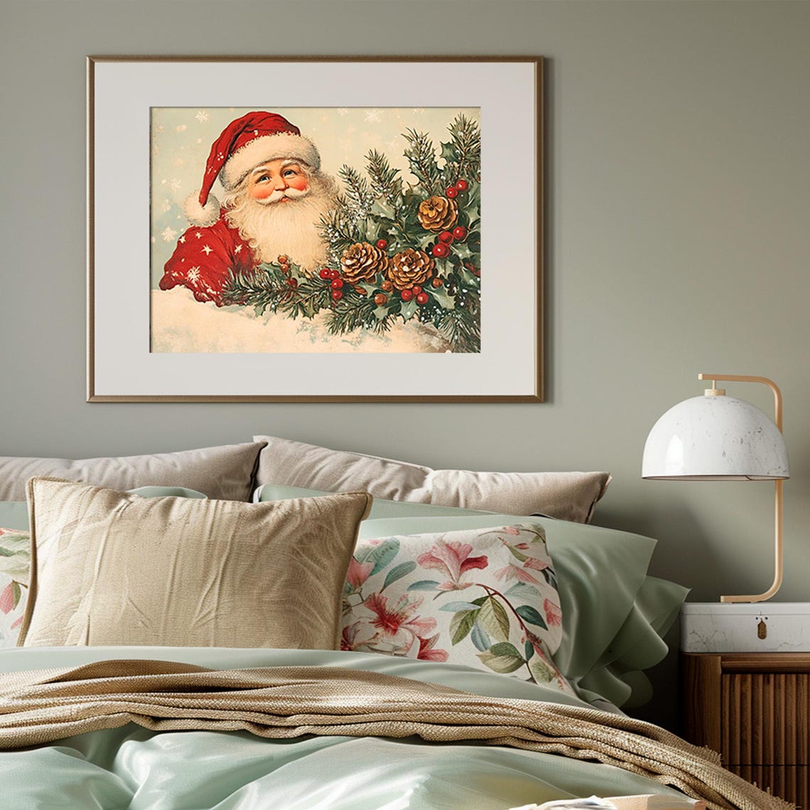 Cheerful Retro Santa Claus Christmas Pine Cones Holly Vintage Poster - Image 3